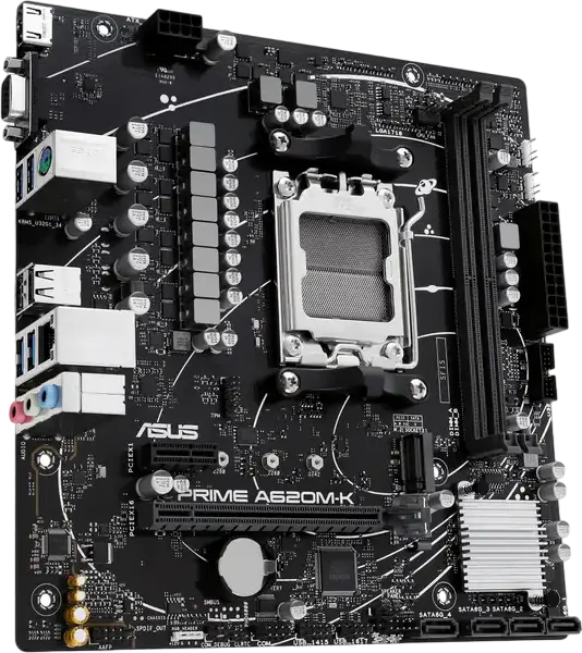 Материнская плата ASUS PRIME A620M-K Micro-ATX, сокет AMD AM5, чипсет A620, DDR5 7200+ МГц (OC), PCIe 4.0, M.2 NVMe, HDMI 2.1, VGA, Aura Sync