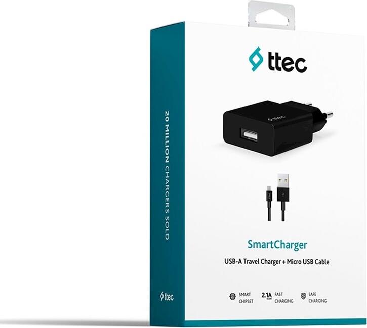 ttec Smart Travel Wall Charger - Black, with USB to Micro USB Cable, 2.1A 10.5W Fast Charging, EU Plug, 1.2m Cable, Smart Chip Device Detection