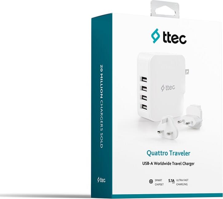 Incarcator universal de calatorie ttec Quattro Traveler 2SC02BUK, 4 porturi USB-A, 25W 5.1A, Tehnologie Smart IC, Adaptatoare EU UK USA, Alb