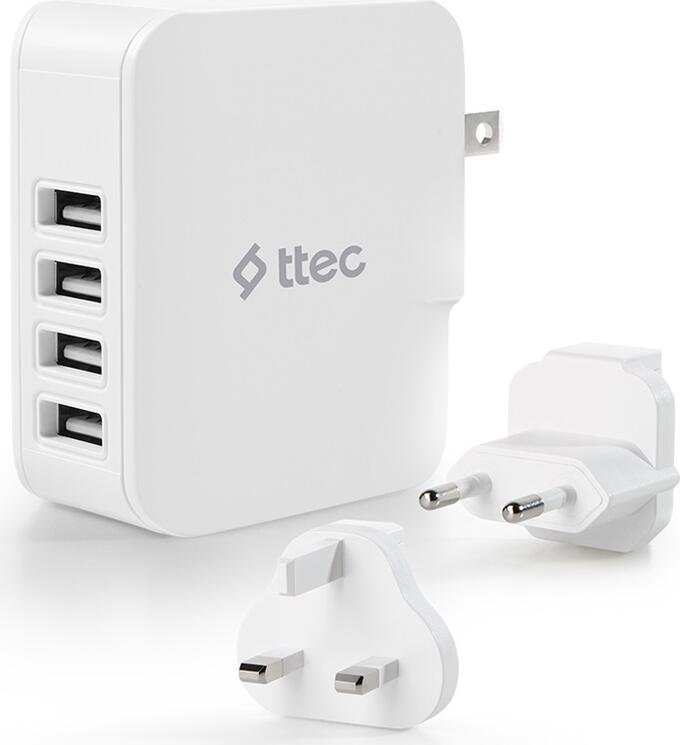 Incarcator universal de calatorie ttec Quattro Traveler 2SC02BUK, 4 porturi USB-A, 25W 5.1A, Tehnologie Smart IC, Adaptatoare EU UK USA, Alb