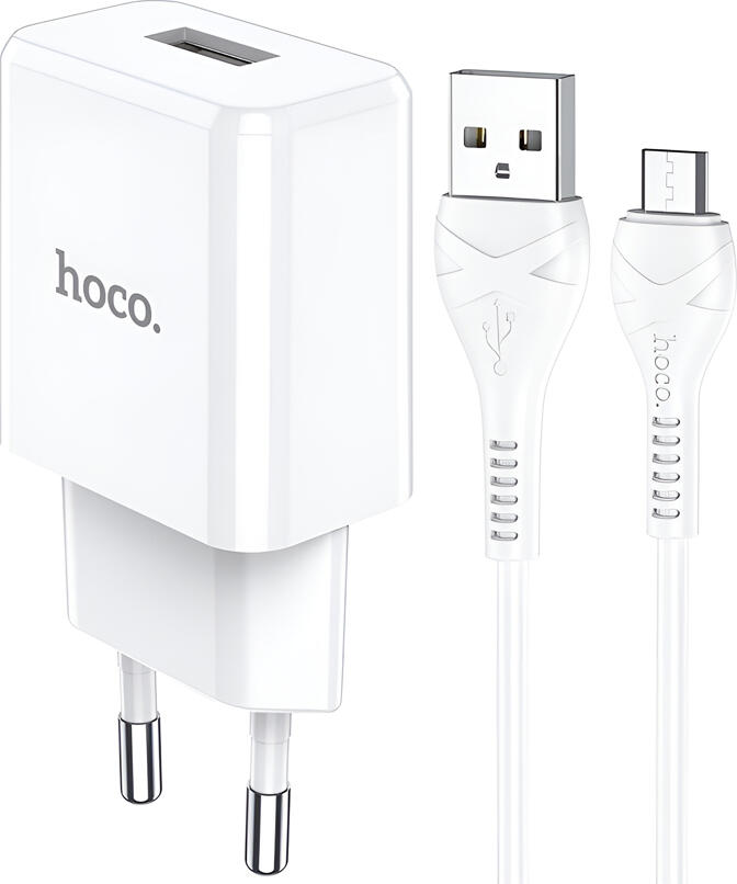 Hoco N9 Especial Wall Charger 5V 2.1A USB Type-A EU Plug Fireproof PC Fast Charging Adapter with 1m Micro-USB Cable for Smartphones and Tablets