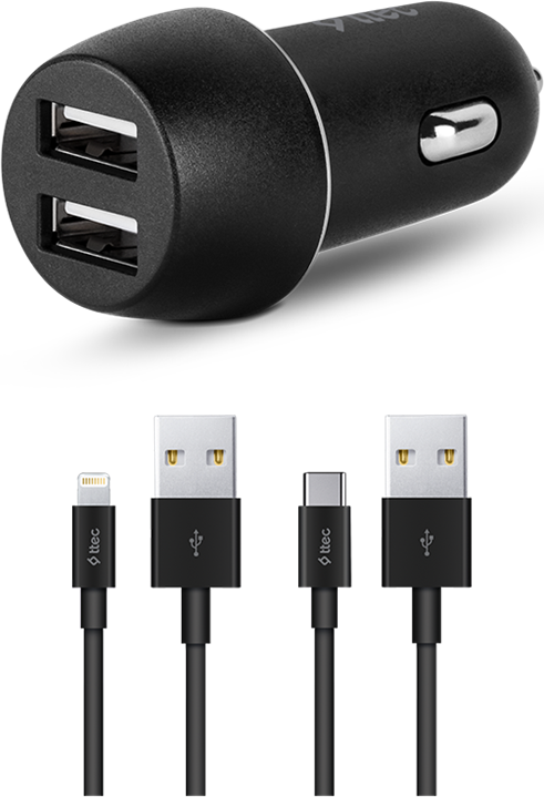 ttec Car Charger Duo 2*USB-A 3.1A with Lightning and Type-C Cable, Black