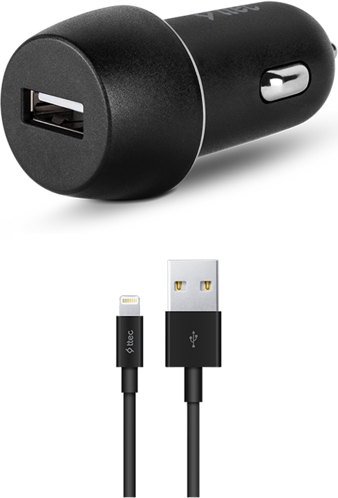 ttec Car Charger USB-A 2.1A with Lightning Cable, Black