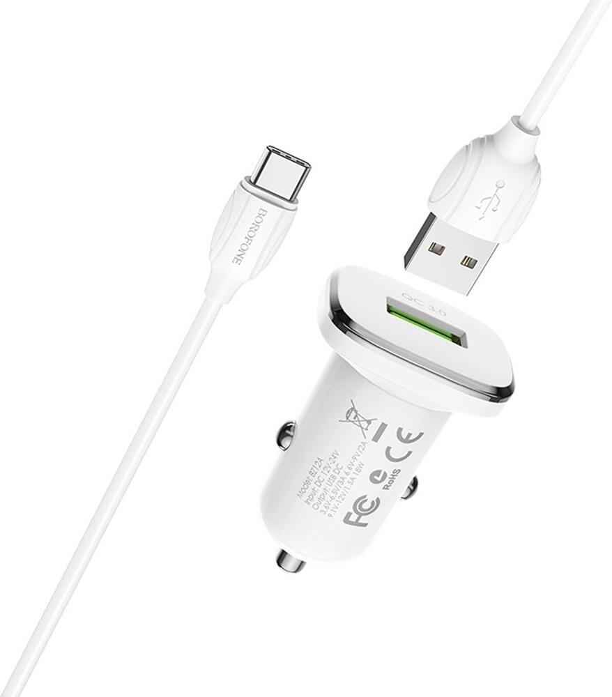 Borofone BZ12A Car Charger 18W Quick Charge 3.0 QC3.0 with USB-A to MicroUSB Cable, Fireproof ABS+PC, DC 12V-24V Input, Multi-Protocol Support