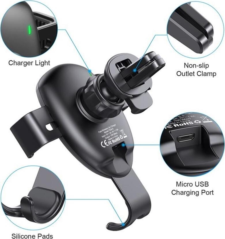 Suport Auto Wireless Wesdar TS36-B, Incarcare Rapida 10W QC2.0, Prindere de Grila Aerator, Compatibil Universal cu Smartphone, Unghi Rotabil, Argintiu