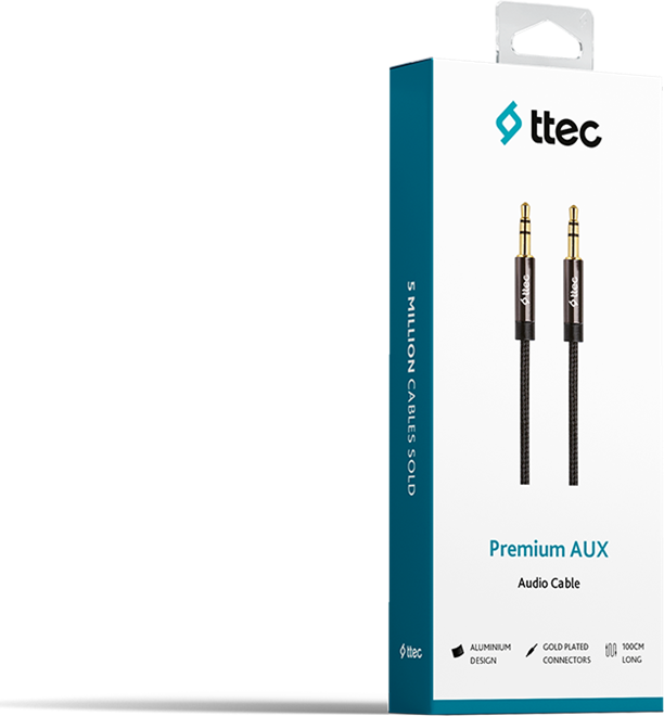 Cablu Audio AUX ttec Premium 2AK01, 3.5mm la 3.5mm Male la Male, 1m Impletit cu Aluminiu si Conector placat cu Aur pentru Smartphone, Laptop, Auto, Negru