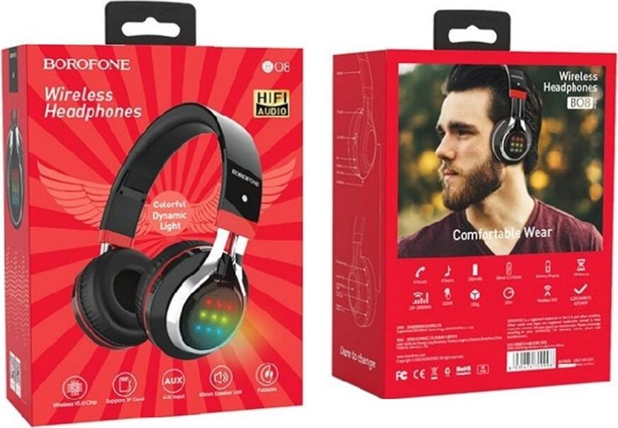 Беспроводные наушники Borofone BO08 Bluetooth 5.0, Hi-Fi звук, динамик 40 мм, встроенный микрофон, складная конструкция с LED-подсветкой, разъем AUX 3.5 мм