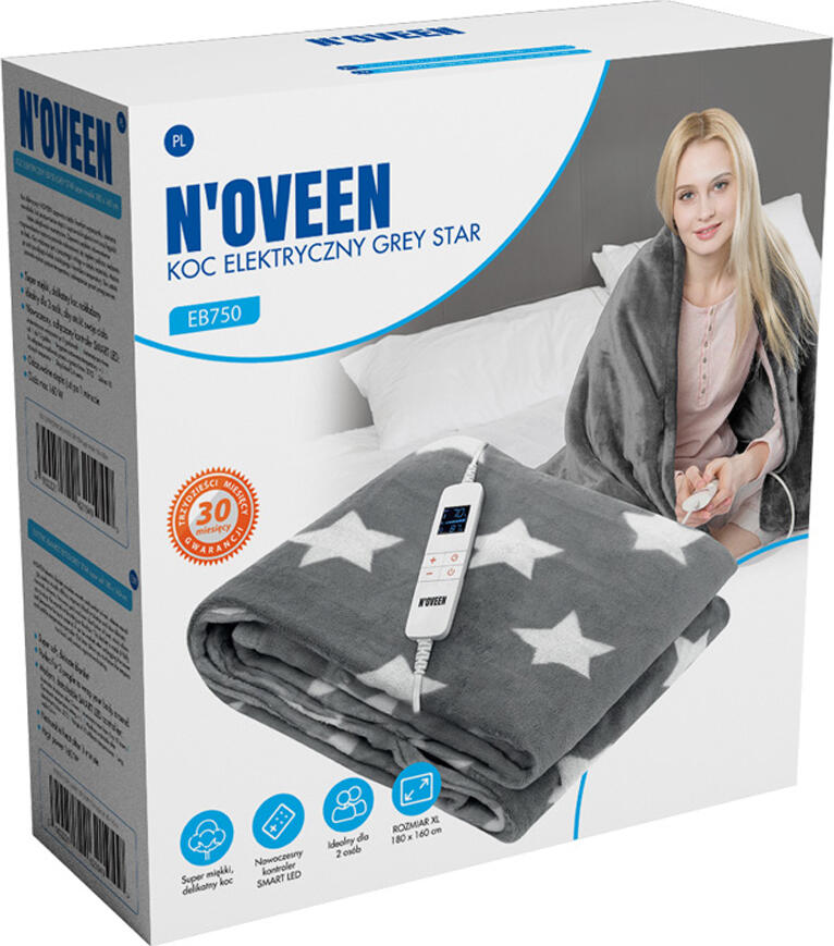 N'OVEEN EB750 Electric Heated Blanket 180x160 cm, 160W, 10 Temperature Levels, Timer 1-10h, Auto-Shutoff, Machine Washable, SMART LED Controller