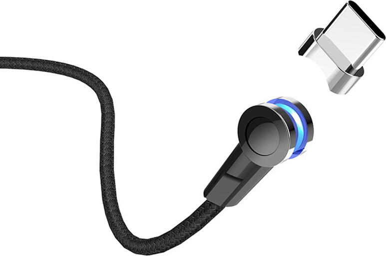 Магнитный зарядный кабель Hoco S8 USB Type-A на USB Type-C, 1.2м нейлоновая оплетка, ток до 3А, поворотный штекер 180 градусов с LED-индикатором, Черный