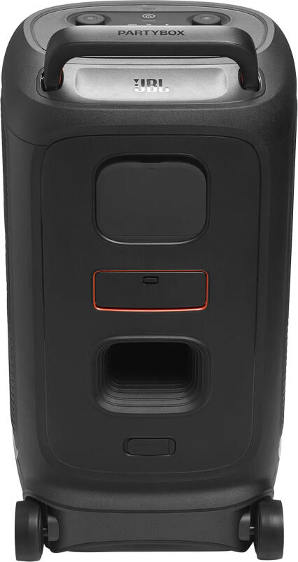 Box Audio Portabil JBL Partybox Stage 520 Bluetooth, Putere 400W, Spectacol Lumini LED, Woofere de 208mm, Intrare Microfon si Chitara, Roți și Mâner