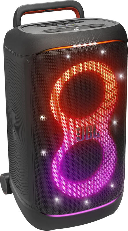 Box Audio Portabil JBL Partybox Stage 520 Bluetooth, Putere 400W, Spectacol Lumini LED, Woofere de 208mm, Intrare Microfon si Chitara, Roți și Mâner