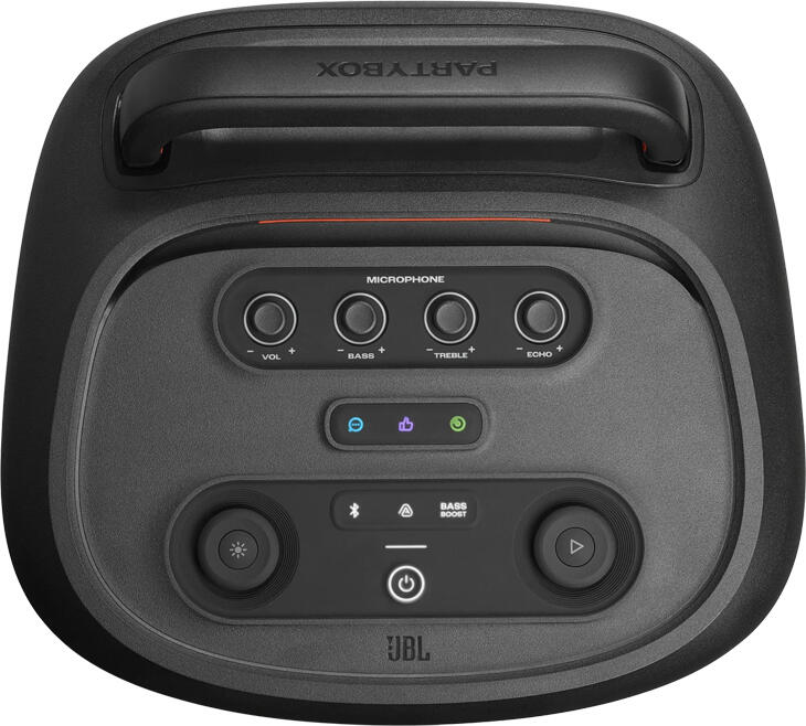 Box Audio Portabil JBL Partybox Stage 520 Bluetooth, Putere 400W, Spectacol Lumini LED, Woofere de 208mm, Intrare Microfon si Chitara, Roți și Mâner
