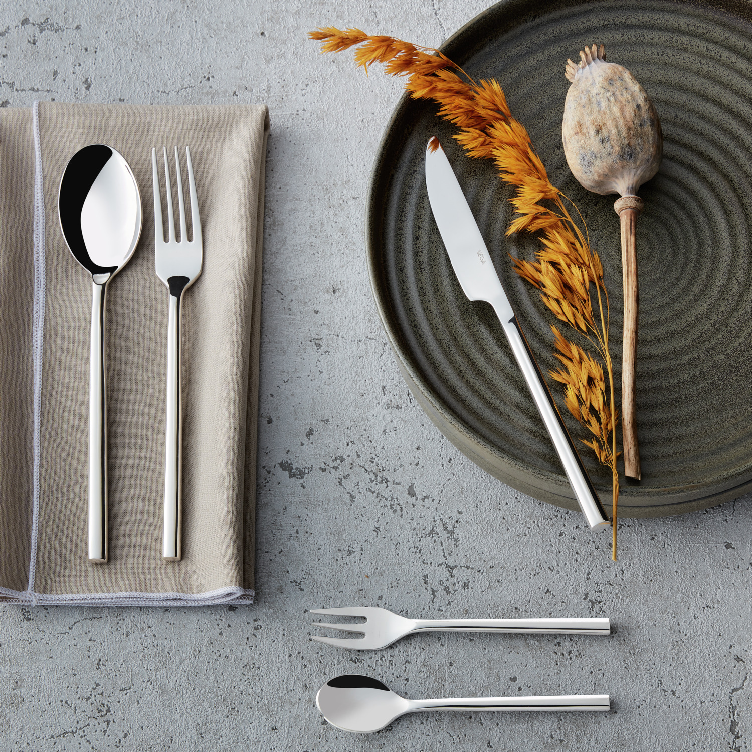 VEGA Liverpool Cutlery Sample Set, 5 Pieces, 18/10 Chrome-Nickel Stainless Steel, Mirror Polished, Round Handle, Dishwasher Safe, Silver