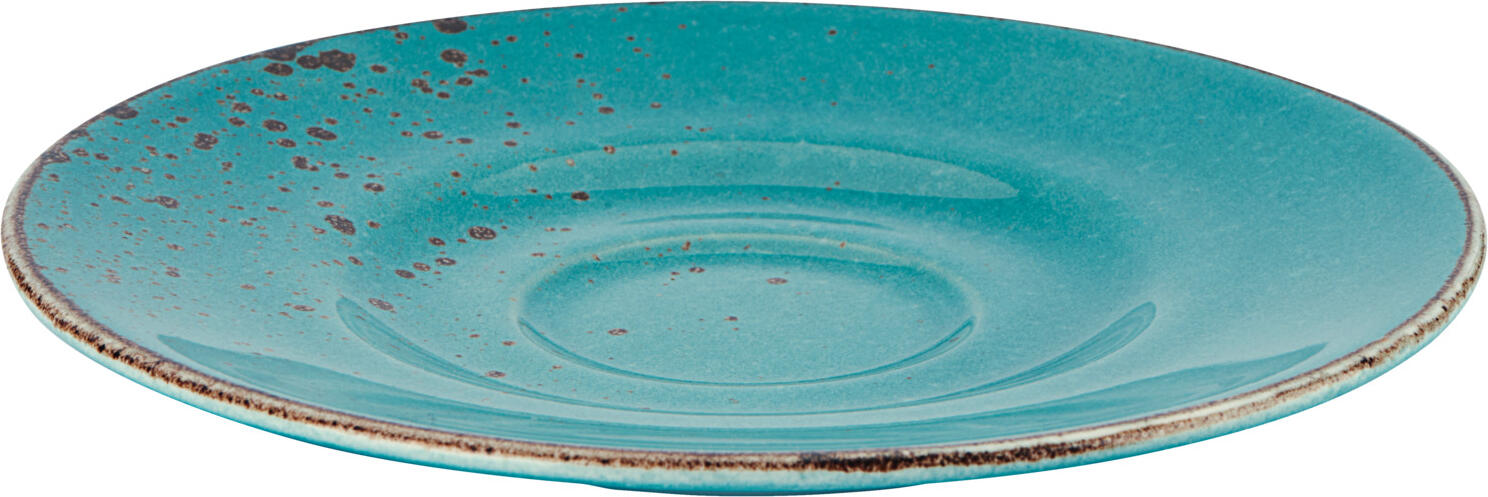 VEGA Palana Turquoise Coffee Saucers, Colored Stoneware, 16.5 cm Round with Irregular Edges and Speckled Finish, Dishwasher and Microwave Safe, Set of 6