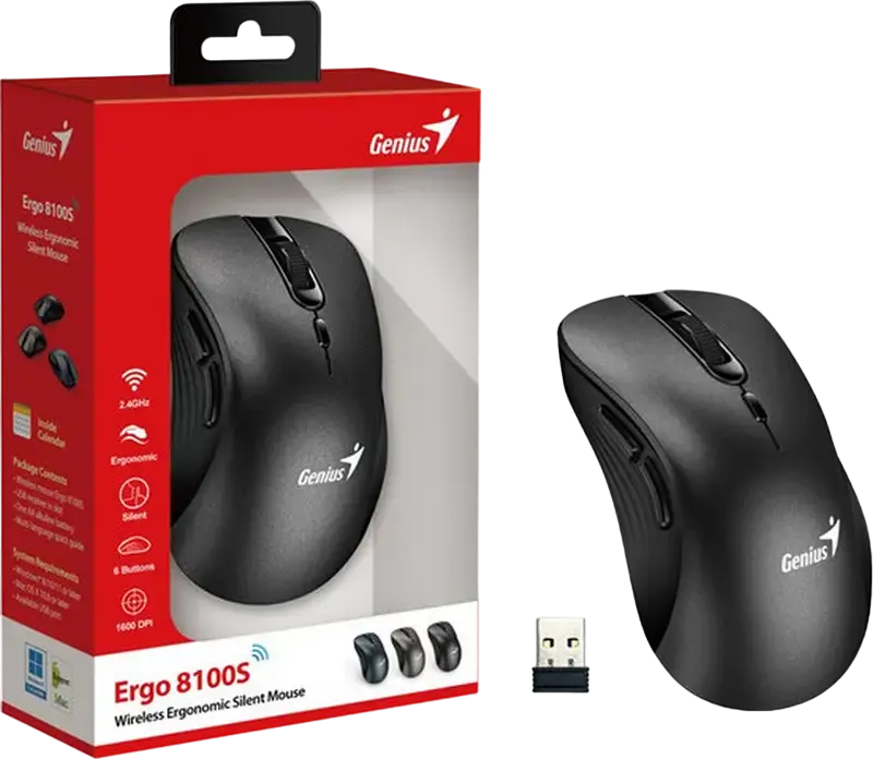 Genius Ergo 8100S Wireless Ergonomic Silent Mouse, 2.4 GHz RF Optical Sensor, Adjustable 800/1200/1600 DPI, 6 Buttons with USB Receiver