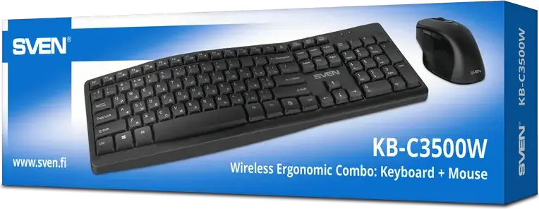 Set Tastatura si Mouse Wireless SVEN KB-C3500W, Receptor Nano USB 2.4 GHz, Tastatura cu Membrana Ergonomica si Taste Multimedia, Mouse Optic 1600 DPI, Negru
