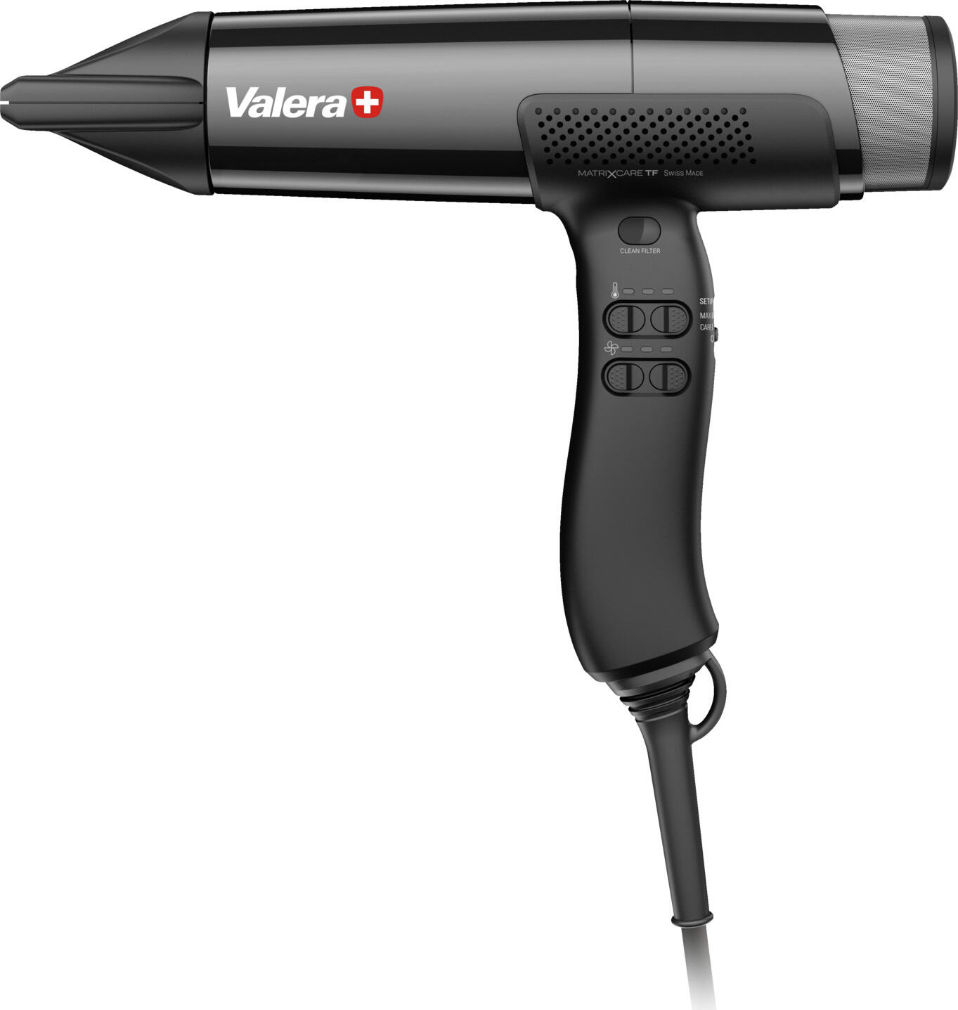 Valera Ligo Electric SA Hotel hairdryer MatrixCare TF2.0 NightBlack Hotelföhn MatrixCare TF2.0 NightBlack Hotel hairdryer MatrixCare TF2.0 NightBlack; 25.5x24x6 cm (WxHxD); black Hotelföhn MatrixCare TF2.0 NightBlack; 25.5x24x6 cm (BxHxT); schwarz The Valera MatrixCare TF 2.0 NightBlack is Valera's flagship product and a premium hairdryer that no guest suite should be without. With 2,000 W of power, it offers a professional drying experience in hotels and guest suites. Its digital, brushless 100K-PAX high-speed motor provides powerful airflow with reduced energy consumption - ideal for fast, even drying. With up to 9 temperature and airflow combinations (Care/Max), the airflow can be perfectly adapted to different hair types. The integrated ion technology reduces static charge, supports hair care and ensures shiny, smooth results. For maximum convenience, the MatrixCare TF 2.0 has a cold air button to fix the style, a removable metal filter for quick cleaning and a long SuperFlex cable for flexible freedom of movement. The elegant NightBlack design blends harmoniously into modern hotel rooms and guest bathrooms - a real eye-catcher and an indispensable appliance in every suite. Features: * Premium hotel hair dryer with 2000 W power * The Valera flagship, indispensable in guest suites * Digital high-speed motor (100K-PAX) for fast drying * Up to 9 temperature and airflow combinations (Care/Max) * Ion technology for less static and shiny hair * Cold air button to fix the styling * Removable metal filter for easy cleaning * SuperFlex cable for flexible use * Elegant NightBlack design, ideal for hotel rooms Der Valera MatrixCare TF?2.0 NightBlack ist das Aushängeschild von Valera und ein Premium?Haartrockner, der in keiner Gästesuite fehlen darf. Mit 2?000?W Leistung bietet er in Hotels und Gästesuiten ein professionelles Trocknungserlebnis. Sein digitaler, bürstenloser High?Speed?Motor 100K?PAX sorgt für kraftvollen Luftstrom bei reduziertem Energieverbrauch – ideal für schnelles, gleichmäßiges Trocknen. Mit bis zu 9 Temperatur? und Luftstromkombinationen (Care/Max) lässt sich der Luftstrom perfekt an unterschiedliche Haartypen anpassen. Die integrierte Ionen?Technologie reduziert statische Aufladung, unterstützt die Haarpflege und sorgt für glänzende, geschmeidige Ergebnisse. Für maximalen Komfort verfügt der MatrixCare TF?2.0 über eine Kaltlufttaste zum Fixieren der Frisur, einen abnehmbaren Metallfilter zur schnellen Reinigung und ein langes SuperFlex?Kabel für flexible Bewegungsfreiheit. Das elegante NightBlack?Design fügt sich harmonisch in moderne Hotelzimmer und Gästebäder ein – ein echter Blickfang und ein unverzichtbares Gerät in jeder Suite. Features: * Premium?Hotel?Haartrockner mit 2000?W Leistung * Das Aushängeschild von Valera, unverzichtbar in Gästesuiten * Digitaler High?Speed?Motor (100K?PAX) für schnelle Trocknung * Bis zu 9 Temperatur? und Luftstromkombinationen (Care/Max) * Ionen?Technologie für weniger statische Aufladung und glänzende Haare * Kaltlufttaste zum Fixieren des Stylings * Abnehmbarer Metallfilter für einfache Reinigung * SuperFlex?Kabel für flexible Nutzung * Elegantes NightBlack?Design, ideal für Hotelzimmer