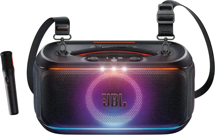 JBL PartyBox On-the-Go 2 Portable Audio System, 100W RMS, Bluetooth 5.4, 15h Battery, Dynamic Lightshow, Wireless Microphone with Echo, Black