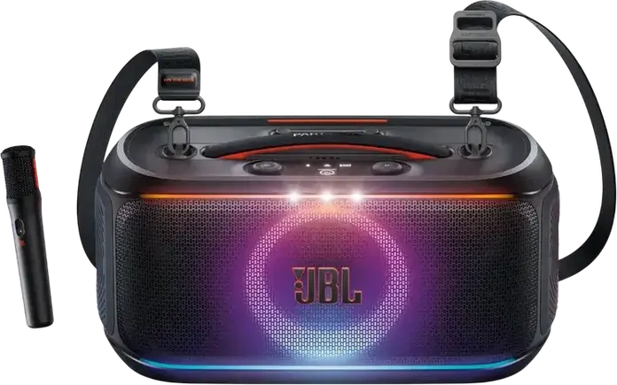 JBL PartyBox On-the-Go 2 Portable Audio System, 100W RMS, Bluetooth 5.4, 15h Battery, Dynamic Lightshow, Wireless Microphone with Echo, Black
