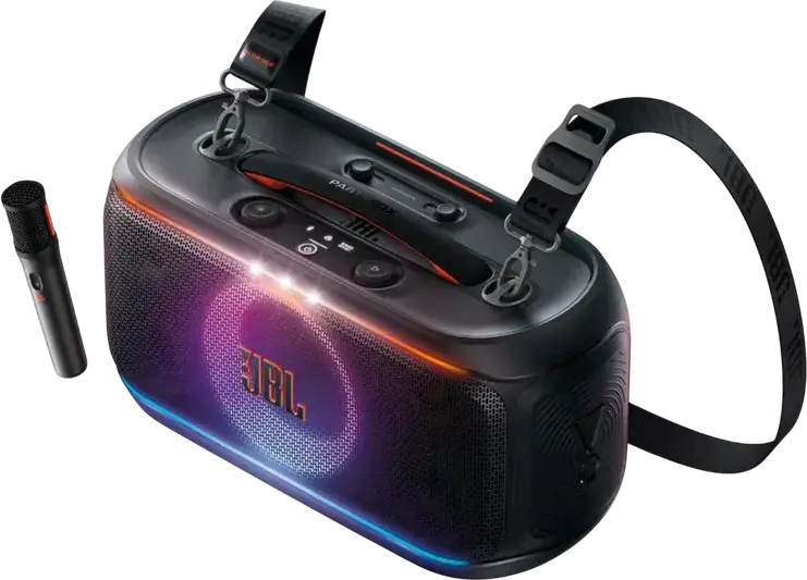 JBL PartyBox On-the-Go 2 Portable Audio System, 100W RMS, Bluetooth 5.4, 15h Battery, Dynamic Lightshow, Wireless Microphone with Echo, Black