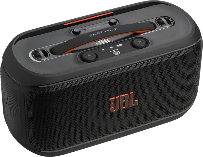 JBL PartyBox On-the-Go 2 Portable Audio System, 100W RMS, Bluetooth 5.4, 15h Battery, Dynamic Lightshow, Wireless Microphone with Echo, Black