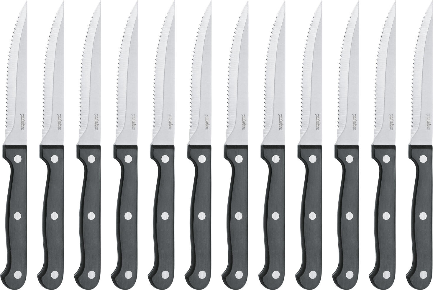 Pulsiva Assisi Steak and Pizza Knife Set, Chrome Stainless Steel 13/0 Serrated Blade, Heat-Resistant Black Bakelite Handle with Rivets, 22.4 cm