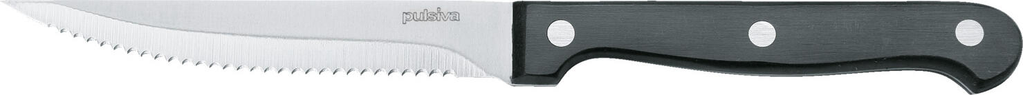PULSIVA LUSINI Solutions GmbH Steak/pizza knife Assisi Steak-/Pizzamesser Assisi Steak/pizza knife Assisi; 22.4 cm (L); silver; 12 piece / pack Steak-/Pizzamesser Assisi; 22.4 cm (L); silber; 12 Stück / Pack ##Rustic steak knife made of chrome stainless steel 13/0 Discover the rustic steak knife made from high-quality 13/0 chrome stainless steel - robust, sharp and durable. The polished stainless steel blade ensures precise cuts, while the classic Bakelite handle with rivets fits perfectly in the hand. Ideal for barbecues, steakhouses and lovers of rustic tableware. * Material: Chrome stainless steel 13/0 - rust-resistant & easy to clean * Handle: Bakelite with rivets - heat-resistant & durable * Dishwasher-safe (hand wash recommended) * Classic design for steak & meat dishes ##Care instructions for Bakelite handles## To keep your steak knife looking good for a long time, please follow these tips: * Clean by hand and dry immediately. * Do not use aggressive cleaning agents or abrasive cleaners. * Treat regularly with care oil or mineral oil to maintain the lustre. ##Important note:## If the surface protection oil of the Bakelite handle is removed by cleaning, the handle may turn white when it dries. Water makes the black colour visible again for a short time, but it disappears when it evaporates. Regular care with a little oil will keep the handle permanently deep black and shiny. ##Rustikales Steakmesser aus Chrom-Edelstahl 13/0 Entdecken Sie das rustikale Steakmesser aus hochwertigem Chrom-Edelstahl 13/0 – robust, scharf und langlebig. Die geschliffene Edelstahlklinge sorgt für präzise Schnitte, während der klassische Bakelit Griff mit Nieten perfekt in der Hand liegt. Ideal für Grillabende, Steakhäuser und Liebhaber rustikaler Tischkultur. * Material: Chrom-Edelstahl 13/0 – rostbeständig & pflegeleicht * Griff: Bakelit mit Nieten – hitzebeständig & langlebig * Spülmaschinengeeignet (Handwäsche empfohlen) * Klassisches Design für Steak & Fleischgerichte ##Pflegehinweise für Bakelit Griffe## Damit Ihr Steakmesser dauerhaft schön bleibt, beachten Sie bitte folgende Tipps: * Von Hand reinigen und sofort abtrocknen. * Keine aggressiven Reiniger oder Scheuermittel verwenden. * Regelmäßig mit Pflegeöl oder Mineralöl behandeln, um den Glanz zu erhalten. ##Wichtiger Hinweis:## Wenn das Oberflächenschutzöl des Bakelitgriffs durch Reinigung entfernt wird, kann sich der Griff beim Trocknen weiß verfärben. Durch Wasser wird die schwarze Farbe kurzzeitig wieder sichtbar, verschwindet jedoch beim Verdunsten. Durch regelmäßige Pflege mit etwas Öl bleibt der Griff dauerhaft tiefschwarz und glänzend.