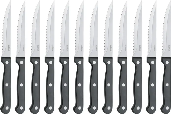 Pulsiva Assisi Steak and Pizza Knife Set, Chrome Stainless Steel 13/0 Serrated Blade, Heat-Resistant Black Bakelite Handle with Rivets, 22.4 cm