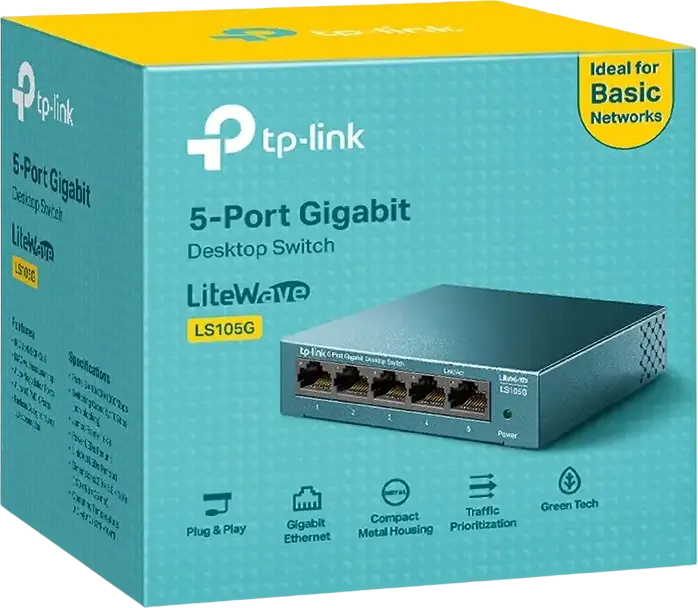 Switch de birou neadministrat TP-Link LiteWave LS105G, 5 porturi Gigabit 10/100/1000Mbps RJ45, Tehnologie Green Ethernet, Carcasă din Oțel, Montare Perete