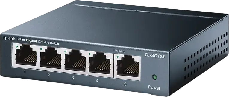 Switch de birou neadministrat TP-Link LiteWave LS105G, 5 porturi Gigabit 10/100/1000Mbps RJ45, Tehnologie Green Ethernet, Carcasă din Oțel, Montare Perete