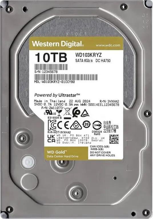 Western Digital WD Gold WD103KRYZ 10TB Internal Enterprise HDD 3.5-inch SATA 6Gb/s 7200 RPM 512MB Cache CMR HelioSeal OptiNAND