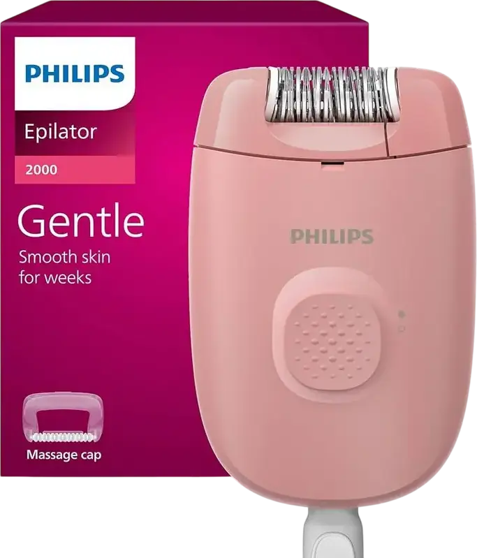 Эпилятор Philips BRE227/00 Series 2000 для тела и ног, сетевой, 20 пинцетов, моющаяся головка с массажным колпачком, розовый