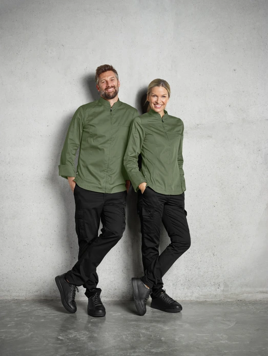 Jobeline Racer Women's Chef Jacket, Size 48, Color Olive, Long-Sleeved Sporty Lightweight Polyester Cotton Blend, Breathable Mesh Panels, Central Zipper, OEKO-TEX Certified
