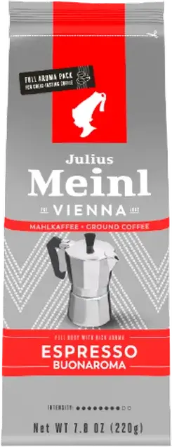 Cafea Macinată Julius Meinl Espresso Buonaroma, Blend Arabica și Robusta, Gust Ciocolată Neagră, 220g, Ambalaj Full Aroma pentru Moka Pot
