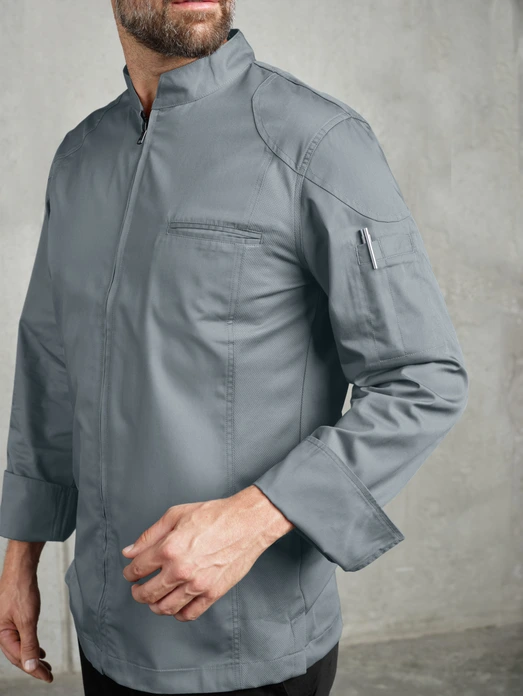 Jobeline Racer Women's Chef Jacket, Size 50, Color Grey, Long-Sleeved Sporty Lightweight Polyester Cotton Blend, Breathable Mesh Panels, Central Zipper, OEKO-TEX Certified