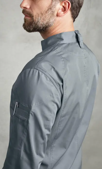 Jobeline Racer Women's Chef Jacket, Size 50, Color Grey, Long-Sleeved Sporty Lightweight Polyester Cotton Blend, Breathable Mesh Panels, Central Zipper, OEKO-TEX Certified