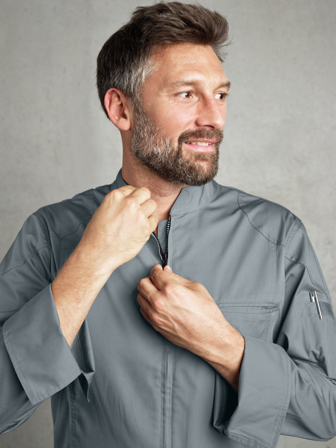 Jobeline Racer Women's Chef Jacket, Size 50, Color Grey, Long-Sleeved Sporty Lightweight Polyester Cotton Blend, Breathable Mesh Panels, Central Zipper, OEKO-TEX Certified