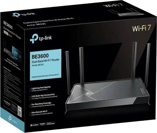 Роутер TP-Link Archer BE230 Wi-Fi 7 BE3600, двухдиапазонный до 3.6 Гбит/с, порты WAN/LAN 2.5G, MLO, 4K-QAM, EasyMesh, защита HomeShield, USB 3.0