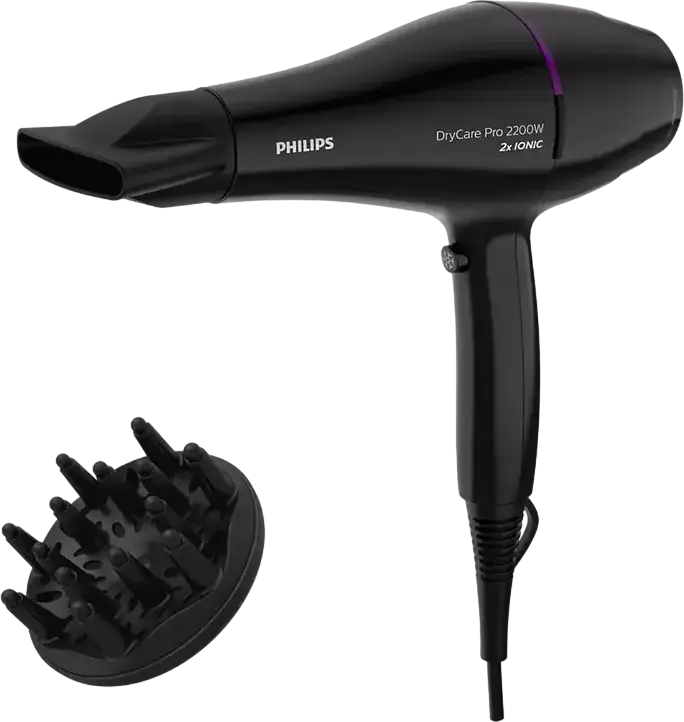 Philips DryCare Pro BHD274/00 Uscător de Păr, Motor AC Profesional 2200W, ThermoProtect, 2x Ionic Care, Difuzor și Concentrator, Negru