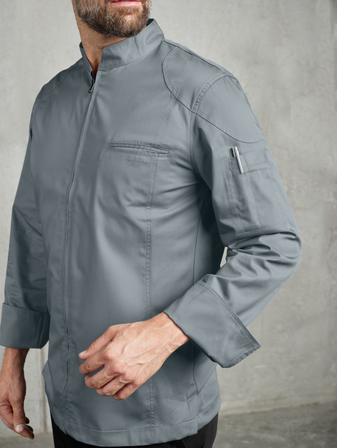 Jobeline Racer Women's Sporty Lightweight Chef Jacket, Grey, Size 34, 65% Polyester 35% Cotton, Mesh Panels, Central Zipper, OEKO-TEX Standard 100