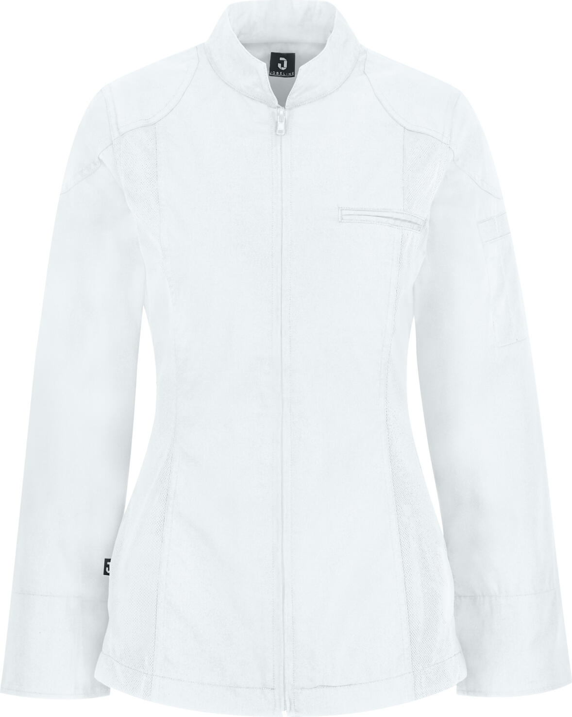 JOBELINE LUSINI Solutions GmbH Women's chef's jacket Racer long-sleeved Damen Kochjacke Racer Langarm Women's chef's jacket Racer long-sleeved; Size 38; white Damen Kochjacke Racer Langarm; Kleidergröße 38; weiß 65 % polyester, 35 % cotton. 150 g/m². 60 °C wash. Sporty lightweight women's chef jacket. With sporty double seams and a shoulder yoke in a motorbike jacket style. Breathable, opaque mesh panels with elastic sides ensure a comfortable fit. With a central zipper, short wing collar, 2-part upper arm pocket and bib apron loop in the neck. Long sleeves with classic cooking cuffs that can be turned up. Slightly tailored cut. Back length: 68 cm for size 36. 65 % Polyester, 35 % Baumwolle. 150 g/m². 60°-Wäsche Sportive Damenkochjacke aus extra leichtem Gewebe. Mit sportiven Doppelnähten und einer Schulterpartie im Motorradjacken-Stil. Seitlich elastische, luftdurchlässige und blickdichte Mesheinsätze sorgen für eine bequeme Passform. Mit mittigem Reißverschluss, kurzem Stehkragen, zweigeteilter Oberarmtasche und Latzschürzenschlaufe im Nacken. Lange Ärmel mit klassischer Kochmanschette zum Aufschlagen. Leicht tailliert geschnitten. Rückenlänge: 68 cm in Gr. 36