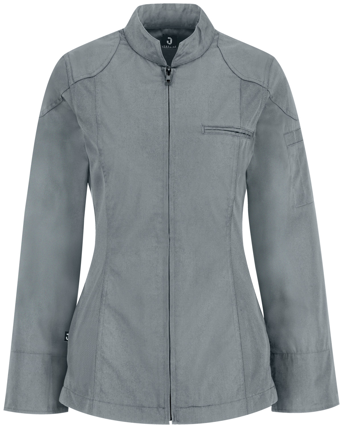 JOBELINE LUSINI Solutions GmbH Women's chef's jacket Racer long-sleeved Damen Kochjacke Racer Langarm Women's chef's jacket Racer long-sleeved; Size 44; grey Damen Kochjacke Racer Langarm; Kleidergröße 44; grau 65 % polyester, 35 % cotton. 150 g/m². 60 °C wash. Sporty lightweight women's chef jacket. With sporty double seams and a shoulder yoke in a motorbike jacket style. Breathable, opaque mesh panels with elastic sides ensure a comfortable fit. With a central zipper, short wing collar, 2-part upper arm pocket and bib apron loop in the neck. Long sleeves with classic cooking cuffs that can be turned up. Slightly tailored cut. Back length: 68 cm for size 36. 65 % Polyester, 35 % Baumwolle. 150 g/m². 60°-Wäsche Sportive Damenkochjacke aus extra leichtem Gewebe. Mit sportiven Doppelnähten und einer Schulterpartie im Motorradjacken-Stil. Seitlich elastische, luftdurchlässige und blickdichte Mesheinsätze sorgen für eine bequeme Passform. Mit mittigem Reißverschluss, kurzem Stehkragen, zweigeteilter Oberarmtasche und Latzschürzenschlaufe im Nacken. Lange Ärmel mit klassischer Kochmanschette zum Aufschlagen. Leicht tailliert geschnitten. Rückenlänge: 68 cm in Gr. 36