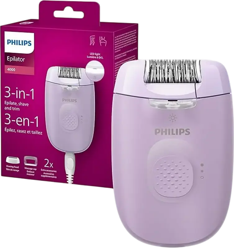 Epilator cu fir Philips BRE237/00 Series 2000, 3-in-1 Epilare Rasnet Trimare, 20 Pense, Lumina LED, Cap Lavabil, Violet