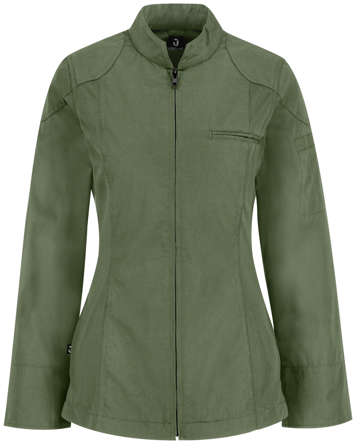 JOBELINE LUSINI Solutions GmbH Women's chef's jacket Racer long-sleeved Damen Kochjacke Racer Langarm Women's chef's jacket Racer long-sleeved; Size 56; olive Damen Kochjacke Racer Langarm; Kleidergröße 56; oliv 65 % polyester, 35 % cotton. 150 g/m². 60 °C wash. Sporty lightweight women's chef jacket. With sporty double seams and a shoulder yoke in a motorbike jacket style. Breathable, opaque mesh panels with elastic sides ensure a comfortable fit. With a central zipper, short wing collar, 2-part upper arm pocket and bib apron loop in the neck. Long sleeves with classic cooking cuffs that can be turned up. Slightly tailored cut. Back length: 68 cm for size 36. 65 % Polyester, 35 % Baumwolle. 150 g/m². 60°-Wäsche Sportive Damenkochjacke aus extra leichtem Gewebe. Mit sportiven Doppelnähten und einer Schulterpartie im Motorradjacken-Stil. Seitlich elastische, luftdurchlässige und blickdichte Mesheinsätze sorgen für eine bequeme Passform. Mit mittigem Reißverschluss, kurzem Stehkragen, zweigeteilter Oberarmtasche und Latzschürzenschlaufe im Nacken. Lange Ärmel mit klassischer Kochmanschette zum Aufschlagen. Leicht tailliert geschnitten. Rückenlänge: 68 cm in Gr. 36