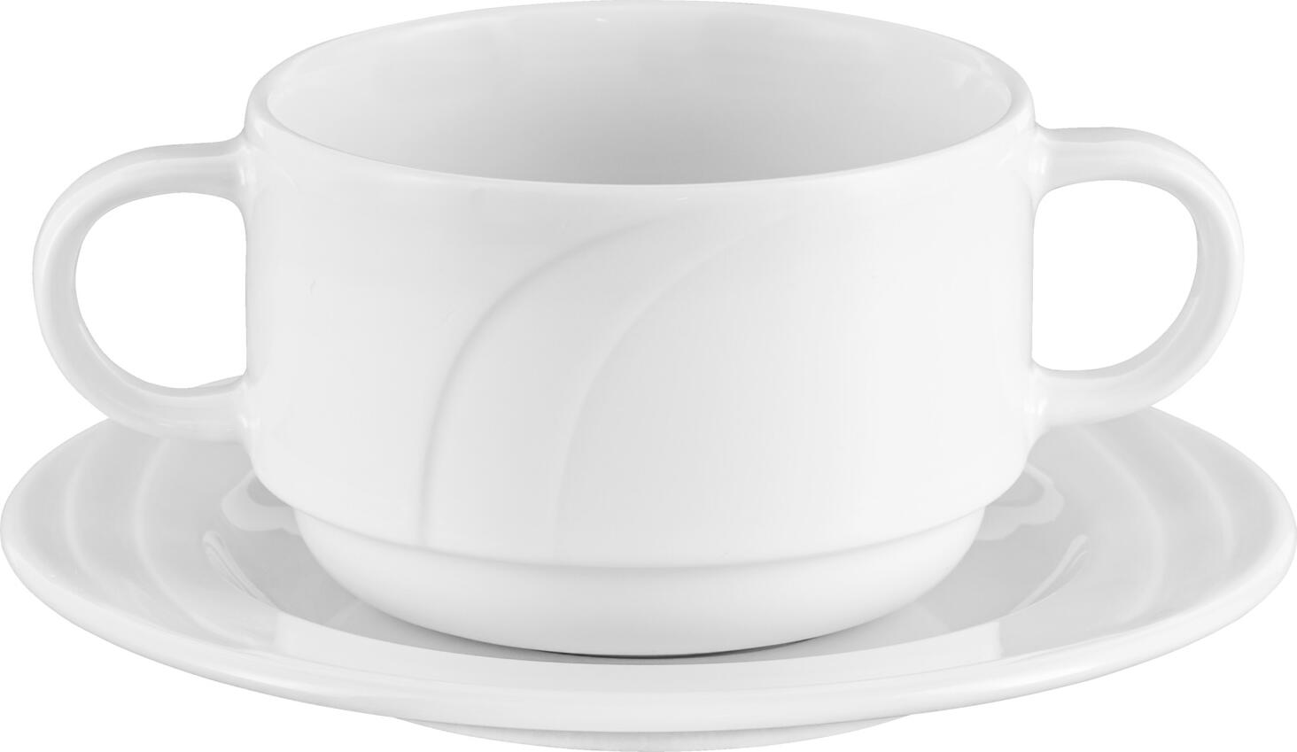 Pulsiva Melody Porcelain Soup Cup, 280ml White Round Bowl with Two Handles, Elegant Relief Pattern, Dishwasher and Microwave Safe, Stackable