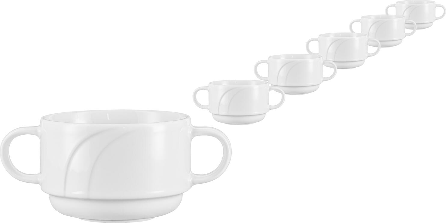 Pulsiva Melody Porcelain Soup Cup, 280ml White Round Bowl with Two Handles, Elegant Relief Pattern, Dishwasher and Microwave Safe, Stackable