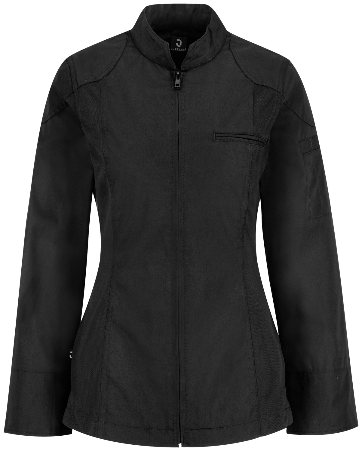 JOBELINE LUSINI Solutions GmbH Women's chef's jacket Racer long-sleeved Damen Kochjacke Racer Langarm Women's chef's jacket Racer long-sleeved; Size 56; black Damen Kochjacke Racer Langarm; Kleidergröße 56; schwarz 65 % polyester, 35 % cotton. 150 g/m². 60 °C wash. Sporty lightweight women's chef jacket. With sporty double seams and a shoulder yoke in a motorbike jacket style. Breathable, opaque mesh panels with elastic sides ensure a comfortable fit. With a central zipper, short wing collar, 2-part upper arm pocket and bib apron loop in the neck. Long sleeves with classic cooking cuffs that can be turned up. Slightly tailored cut. Back length: 68 cm for size 36. 65 % Polyester, 35 % Baumwolle. 150 g/m². 60°-Wäsche Sportive Damenkochjacke aus extra leichtem Gewebe. Mit sportiven Doppelnähten und einer Schulterpartie im Motorradjacken-Stil. Seitlich elastische, luftdurchlässige und blickdichte Mesheinsätze sorgen für eine bequeme Passform. Mit mittigem Reißverschluss, kurzem Stehkragen, zweigeteilter Oberarmtasche und Latzschürzenschlaufe im Nacken. Lange Ärmel mit klassischer Kochmanschette zum Aufschlagen. Leicht tailliert geschnitten. Rückenlänge: 68 cm in Gr. 36