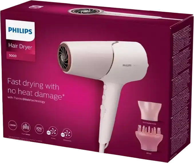 Фен для волос Philips BHD530/00 серии 5000, 2300 Вт, термозащита ThermoShield, минеральная ионизация, с диффузором и концентратором