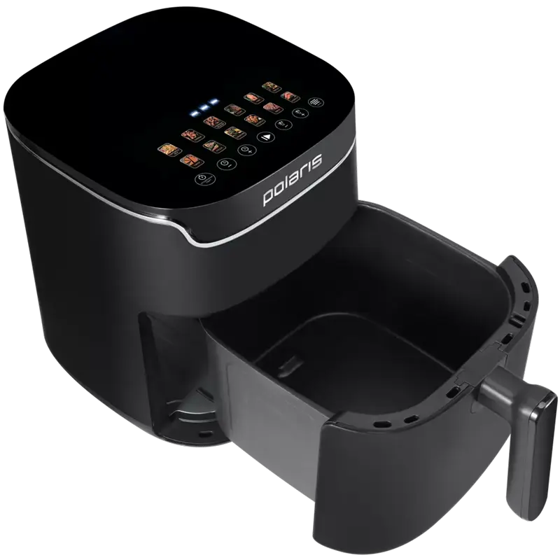 Friteuza cu aer cald Polaris PAF 5502, Capacitate 6L, Putere 1600W, Bol Antiaderent, Control Tactil cu Display, Negru