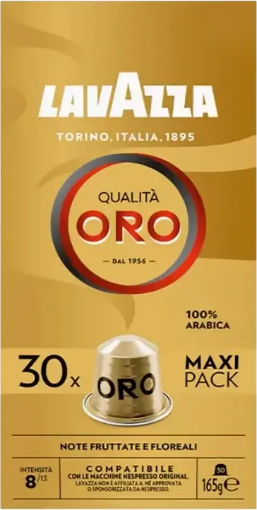 Capsule de Cafea Lavazza Qualita Oro pentru Masini Nespresso Original, 100% Arabica, Prăjire Ușoară, Intensitate 8/13, Capsule de Aluminiu, Note Fructate și Florale